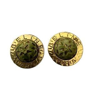 Celine Vintage Authentic Button Clip-on Yellow Gold Logo 80s Bold Earrings